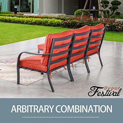 Festival Depot 4 Pcs Patio Conversation Set Sectional Sofa Chair Outdoor Furniture All-Weather Bistro Set with Metal Left&Right-arm Chair Armlesschair Ottoman for Garden Pool Porch Deck Backyard (Red)