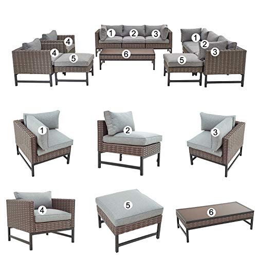 Festival Depot 11 Pieces Outdoor Furniture Patio Conversation Set Combination Sectional Sofa Loveseat All-Weather Wicker Metal Chairs with Seating Back Cushions Side Coffee Table,Gray 