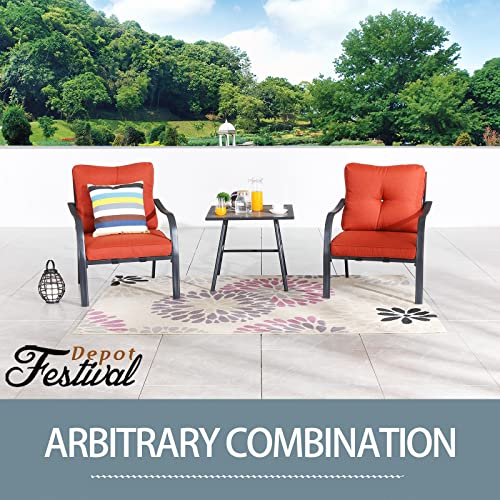Festival Depot Patio Dining Armchair Outdoor Bistro Single Sofa with Removable Thick Cushion Metal Frame All Weather Sectional Conversation Furniture for Backyard Pool Deck Garden (Red) 