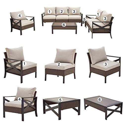 Festival Depot 8 Pcs Patio Outdoor Furniture Conversation Set Sectional Sofa with All-Weather Brown PE Rattan Wicker Back Chair, Coffee Side Table and Soft Thick Removable Couch Cushions