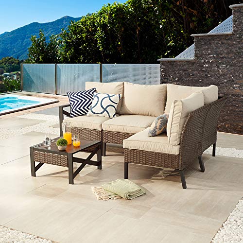 Festival Depot 5 Pcs Patio Outdoor Furniture Conversation Set Sectional Corner Sofa with All-Weather Brown Wicker Back Chair, Coffee Side Table, Ottoman and Soft Thick Removable Couch Cushion 