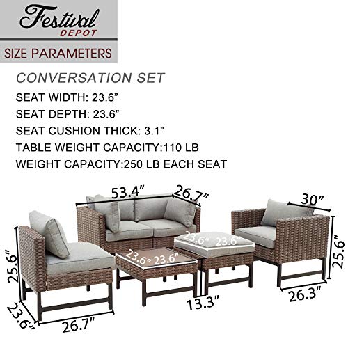 Festival Depot 6pc Patio Conversation Set Combination Sectional Corner Sofa Set Outdoor All-Weather Wicker Metal Chairs with Seating Back Cushions Side Coffee Table Ottoman Garden Poolside,Gray 