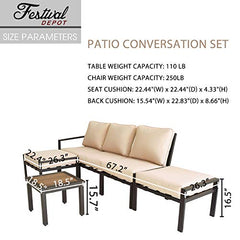 Festival Depot 6-Pieces Patio Outdoor Furniture Conversation Sets Sectional Sofa, All-Weather Black Slatted Back Chairs with Square Coffee Table, Ottoman and Removable Thick Soft Couch Cushions(Beige)