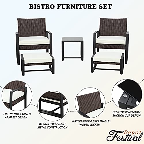 Festival Depot 5 Pieces Outdoor Furniture Patio All-Weather Rattan Conversation Set Armchair, Ottoman with Cushions and Coffee Table with Glass and Metal Frame for Garden Deck Poolside Balcony