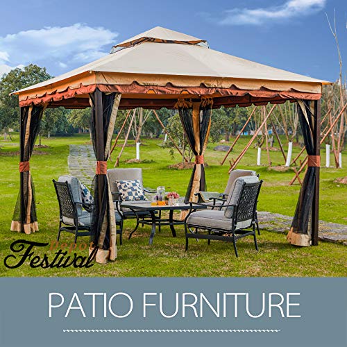 Festival Depot 9.8' 2-Tier Patio Canopy Gazebo Tent Shelter with Mosquito Netting Curtains Shade and Rain, Waterproof Soft Top Metal Frame for Lawn Garden Deck Pool Backyard (Beige)