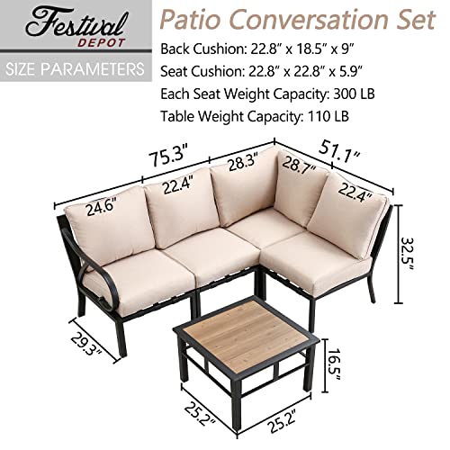 Festival Depot 5 Pieces Patio Conversation Set Sectional Corner Chair with Cushions and Side Table All Weather Metal Outdoor Furniture for Deck Balcony Garden, Beige