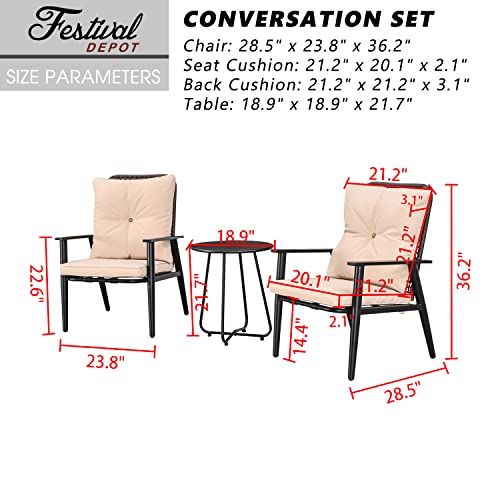Festival Depot 3 Pcs Patio Bistro Set PE Wicker Conversation Set, Outdoor Furniture Armchairs with Cushions Metal Side Coffee Table for Backyard Porch Balcony Outside Poolside Lawn (Khaki) 