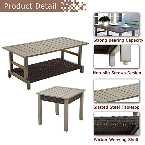 Festival Depot 6pcs Patio Conversation Set Wicker Armchair Rattan Loveseat All Weather 3-Seater with Grey Thick Cushions and Side Coffee Table in Metal Frame Outdoor Furniture for Deck Poolside 