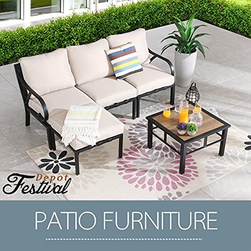 Festival Depot 5 Pieces Patio Conversation Set Sectional Chair Ottoman with Thick Cushions and Side Coffee Table All Weather Metal Outdoor Furniture for Deck Garden, Beige 