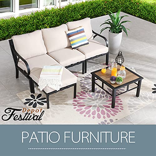 Festival Depot 5 Pieces Patio Conversation Set Sectional Chair Ottoman with Thick Cushions and Side Coffee Table All Weather Metal Outdoor Furniture for Deck Garden, Beige