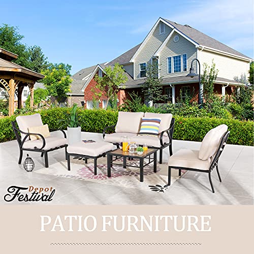 Festival Depot 6pcs Patio Conversation Set Sectional Metal Chairs with Cushions Ottoman and Coffee Table All Weather Outdoor Furniture for Garden Backyard Balcony, Beige 
