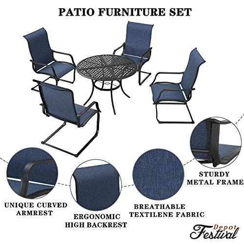 Stylish Outdoor 5-Pieces Dining Set: 4 Metal Armchairs with High Back Textilene Fabric and 1 Round Wrought Iron Table 