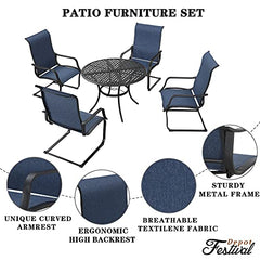 Festival Depot 5 Pieces Patio Dining Set of 4 High Back Chairs with Textilene Fabric and 1 Round Wrought Iron Table with 2.04" Umbrella Hole Outdoor Furniture for Backyard Deck Garden