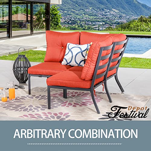 Festival Depot 3 Pcs Patio Conversation Set Sectional Sofa Chair Outdoor Furniture All-Weather Bistro Set with 2 Metal Armless Chair and 1 Corner Chair for Garden Pool Porch Deck Backyard (Red)