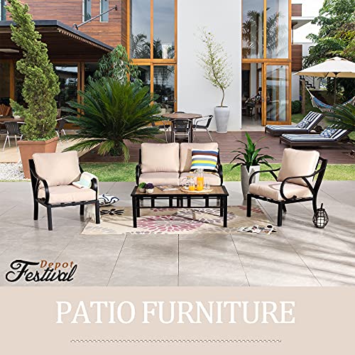 Festival Depot 5pcs Patio Conversation Set Sectional Metal Chairs with Cushions and Coffee Table All Weather Outdoor Furniture for Garden Backyard Balcony, Beige