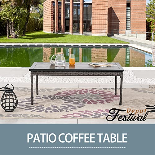 Elegant Rattan Coffee Table with Wood-Like Metal Frame for Outdoor 