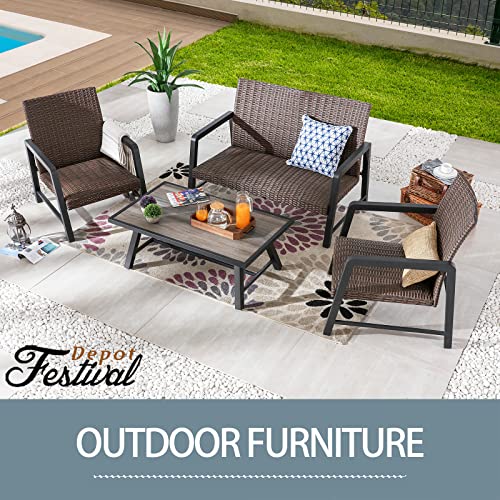 Festival Depot 4Pcs Patio Conversation Set, PE Wicker Bistro Set, All-Weather Outdoor Furniture, with 1 Loveseat 2 Armchair and 1 DPC Coffee Table for Backyard Porch Lawn Deck Garden