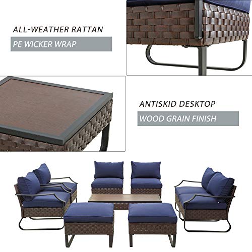 Festival Depot 9 Pcs Patio Outdoor Furniture Conversation Sets Sectional Sofa with All-Weather PE Rattan Wicker Chair,Loveseat Coffee Table and Soft Removable Couch Cushions(Blue) 