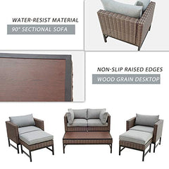Festival Depot 7 Pcs Patio Outdoor Conversation Wicker Chairs Cushions Ottomans Set with Coffee Square Table Metal Frame Furniture Garden Bistro Seating Thick Soft Cushion (Gray)