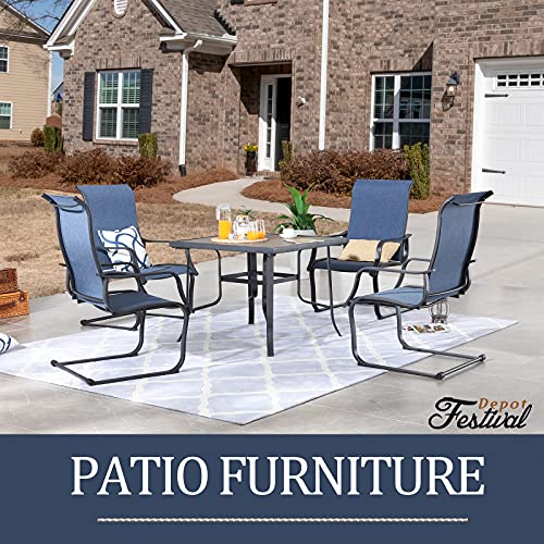 Festival Depot 5Pcs Patio Dining Set of 4 High Back Chairs with Textilene Fabric and 1 Square Metal Table with Wood-Like DPC Tabletop and Curved Steel Legs for Backyard Deck Garden