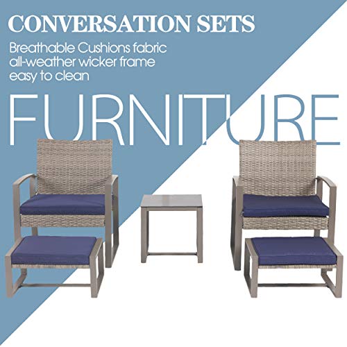 Festival Depot 5 Pieces Outdoor Furniture Patio All-Weather Rattan Conversation Set Armchair, Ottoman with Cushions and Coffee Table with Glass and Metal Frame for Garden Deck Poolside Balcony