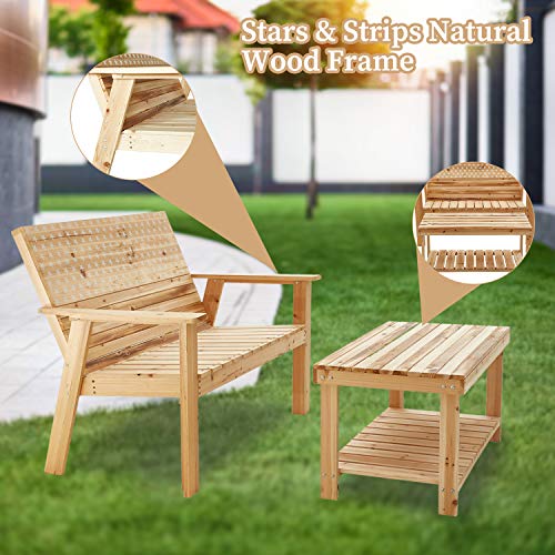 Festival Depot 2 Pieces Patio Furniture Outdoor Conversation Set Wood Armrest Loveseat Chair Stars and Strips Printing Dining Coffee Side Table 