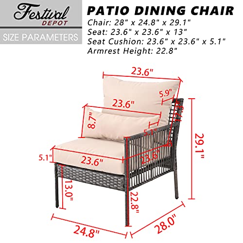 Festival Depot Patio Wicker Dining Chair, All-Weather Rattan Sectional Sofa Outdoor Furniture with Metal Frame Removable Seat & Back Cushion Pillow for Garden Pool Backyard Lawn (Beige)