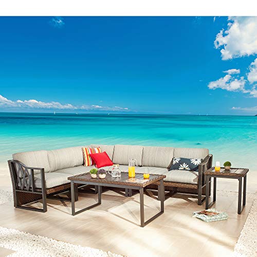 Festival Depot 8pcs Outdoor Furniture Patio Conversation Set Sectional Corner Sofa Chairs All Weather Brown Rattan Wicker Slatted Coffee Table End Table with Grey Thick Seat Back Cushions, Black