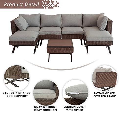 Festival Depot 7pcs Outdoor Furniture Patio Conversation Set Sectional Corner Sofa Chairs with X Shaped Metal Leg All Weather Brown Rattan Wicker Ottoman Side Coffee Table with Grey Seat Back Cushions 