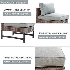 Festival Depot 9 Pieces Patio Conversation Set Outdoor Furniture Combination Sectional Sofa Loveseat All-Weather Woven Wicker Metal Armchairs with Seating Back Cushions Side Coffee Table Ottoman, Gray
