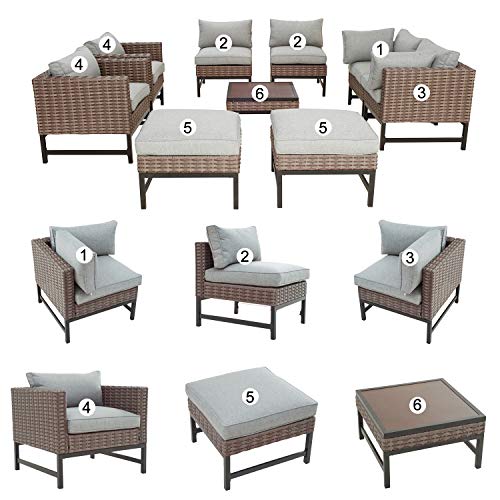 Festival Depot 9 Pieces Patio Conversation Set Outdoor Furniture Combination Sectional Sofa Loveseat All-Weather Woven Wicker Metal Armchairs with Seating Back Cushions Side Coffee Table Ottoman, Gray 