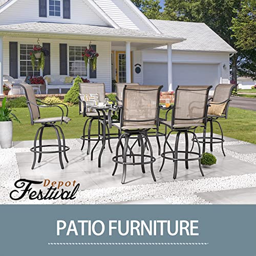 Festival Depot 3 Pcs Patio Bistro Bar Set High Stools Outdoor Furniture with 360° Swivel Armrest Chairs, Coffee Table with Tempered Glass Desktop, Metal Frame for Deck Poolside Garden Porch