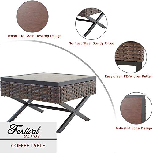 Festival Depot Coffee Dining Bistro Outdoor Side Patio Furniture Table Wicker Rattan Wood Grain Desktop Square with X Shaped Slatted Steel Legs Poolside Garden All Weather 22"(L) x 22"(W) x 14.7"(H)