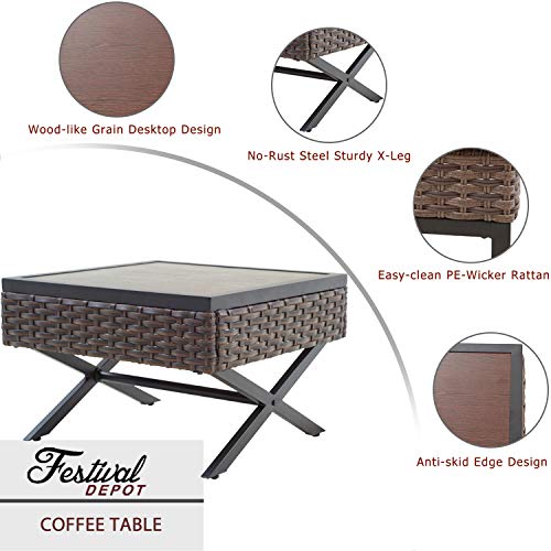 Festival Depot Coffee Dining Bistro Outdoor Side Patio Furniture Table Wicker Rattan Wood Grain Desktop Square with X Shaped Slatted Steel Legs Poolside Garden All Weather 22"(L) x 22"(W) x 14.7"(H) 
