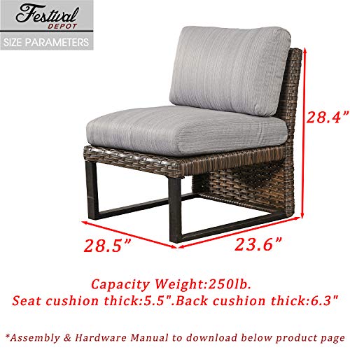 Festival Depot Dining Outdoor Patio Bistro Furniture Armless Section Chairs Wicker Rattan Premium Fabric Soft&Comfortable 5.5" Cushions with Metal Steel Frame Legs for Garden Poolside Lawn All-Weather 