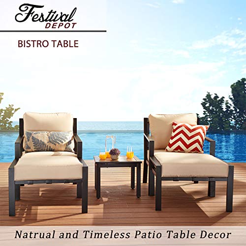 Festival Depot Outdoor Patio Side/End Table Metal Square with Wooden Finish Table Top and Steel Legs for Poolside Deck Garden (Brown)