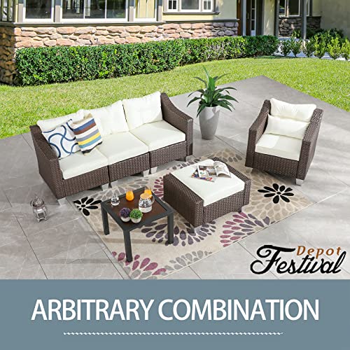 Festival Depot 6 Pcs Patio Conversation Set Outdoor Furniture Combination Sectional Sofa All-Weather PE Wicker Metal Armchairs with Seating Back Cushions Side Coffee Table Ottoman (Beige) 