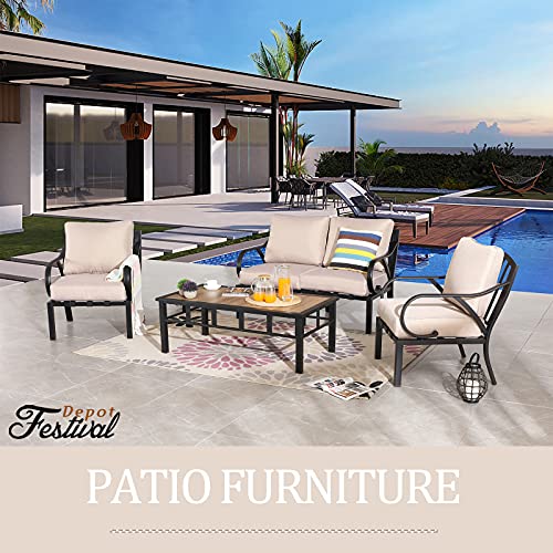 Festival Depot 5pcs Patio Conversation Set Sectional Metal Chairs with Cushions and Coffee Table All Weather Outdoor Furniture for Garden Backyard Balcony, Beige