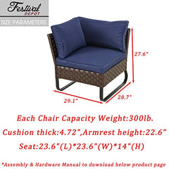 Festival Depot Dining Outdoor Patio Bistro Furniture Corner Section Chairs Wicker Rattan Premium Fabric Soft & Deep Cushions with Side U Shaped Slatted Steel Legs for Garden Yard Poolside All-Weather