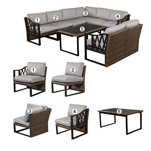 Festival Depot 9pcs Outdoor Furniture Patio Conversation Set Sectional Corner Sofa Chairs All Weather Brown Rattan Wicker Slatted Coffee Table with Grey Thick Seat Back Cushions, Black 
