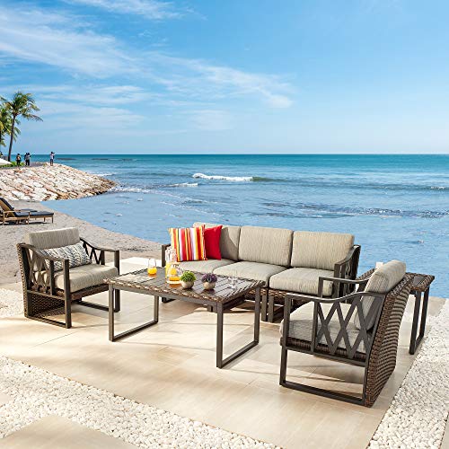 Festival Depot 7pcs Outdoor Furniture Patio Conversation Set Sectional Sofa Chairs All Weather Brown Rattan Wicker Slatted Coffee Table End Table with Grey Thick Seat Back Cushions, Black
