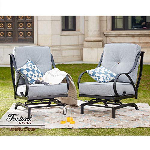 Festival Depot 2 of Outdoor Dining Patio Armrest Furniture Garden Bistro Seating Chairs with 5.9''Blue Deeping Thick & Soft Cushions Premium Fabric Metal Frame Curved Armrest All Weather,Gray