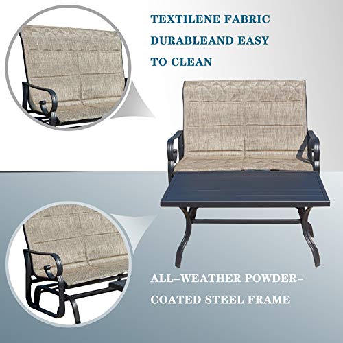 Festival Depot 2pcs Outdoor Furniture Patio Conversation Set Metal Coffee Table Loveseat Armchairs Glider with Textilene Fabric Without Pillows for Lawn Beach Backyard Pool, Beige
