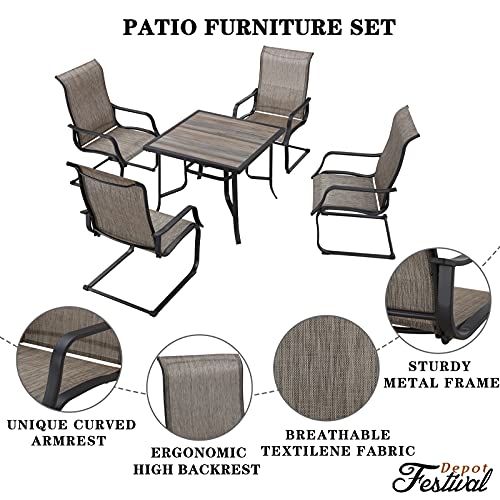 Festival Depot 5Pcs Patio Dining Set of 4 High Back Chairs with Textilene Fabric and 1 Square Metal Table with Wood-Like DPC Tabletop and Curved Steel Legs for Backyard Deck Garden