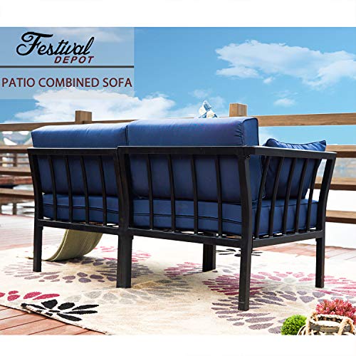 Festival Depot Patio Outdoor Furniture Conversation Set Armchair Corner Sofa Armless Sofa and Ottoman for Porch Lawn Garden Balcony Pool Backyard with Thick Soft Cushions