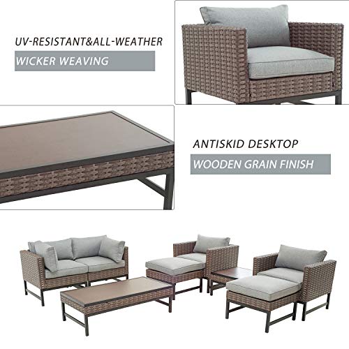 Festival Depot 8 Pieces Outdoor Furniture Patio Conversation Set Combination Sectional Sofa Loveseat All-Weather Woven Wicker Metal Chairs with Seating Back Cushions Side Coffee Table Ottoman, Gray