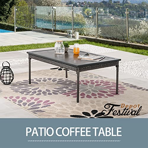 Elegant Rattan Coffee Table with Wood-Like Metal Frame for Outdoor 