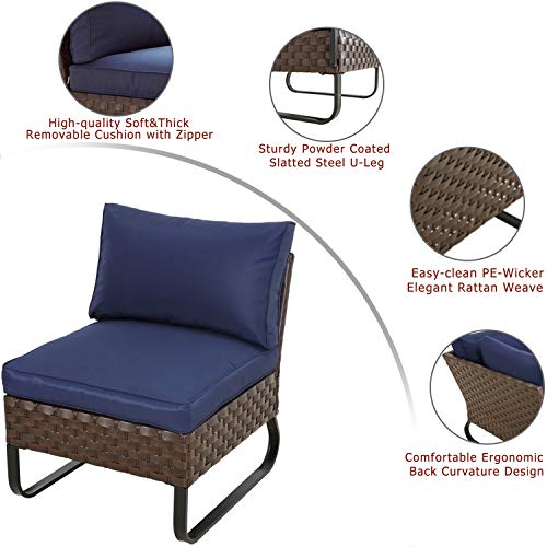 Festival Depot Dining Outdoor Patio Bistro Furniture Armless Section Chairs Wicker Rattan Premium Fabric Soft & Deep Cushions with Side U Shaped Slatted Steel Legs for Garden Yard Poolside All-Weather