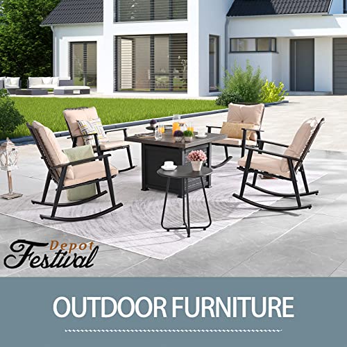 Festival Depot 7 Pieces Outdoor Fire Pit Table Set, Patio Conversation Set, Square Propane Gas Table, 4 PE Wicker Rocking Armchairs w/ Cushions and 2 Side Table Metal Furniture (Beige) 