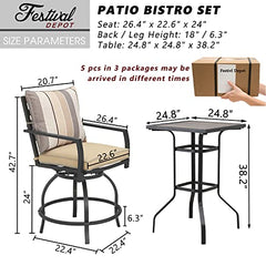 Festival Depot 5pcs Bar Bistro Outdoor Patio Furniture Set High Stool 360° Swivel Armrest Chairs with Comfort Cushion Square DPC Desktop Wood Grain Top Table Metal Steel Frame Leg All-Weather (Beige)
